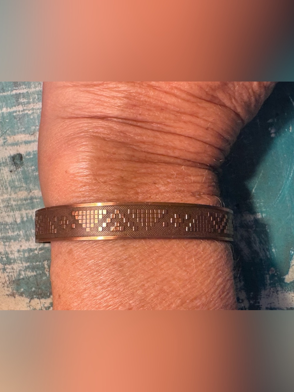 Solid Copper Open Cuff Bracelet Intricate Geometric Triangular Etched Pattern